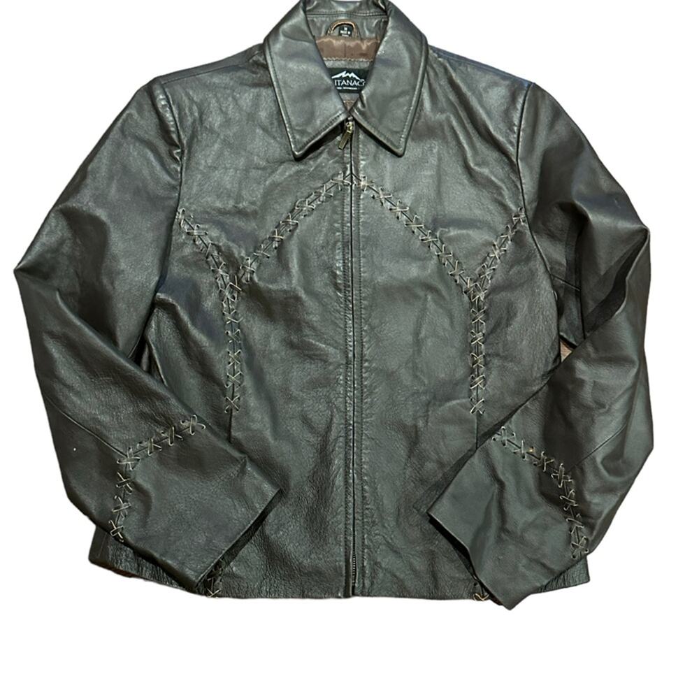 Montanaco Women’s Medium Brown Leather Whipstitch Trim Full Zip Jacket/Coat